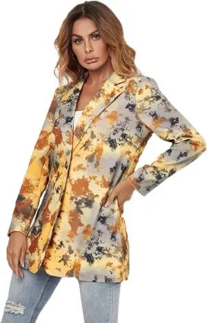 Women's Graphic Printed Blazer Button Open Front Colorful Long Sleeve Notch Lapel Pop Art Jacket Multicolored