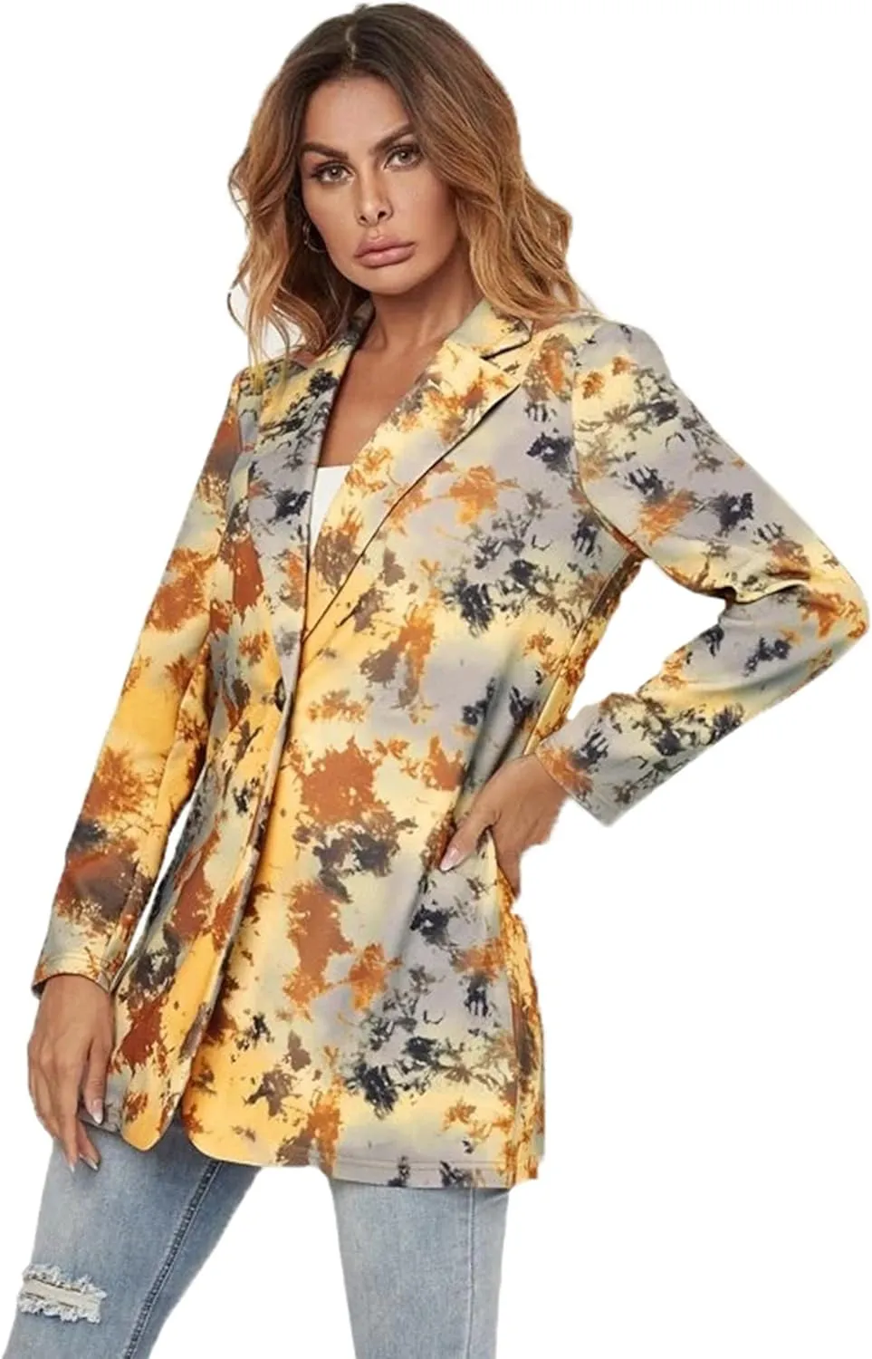 Women's Graphic Printed Blazer Button Open Front Colorful Long Sleeve Notch Lapel Pop Art Jacket Multicolored