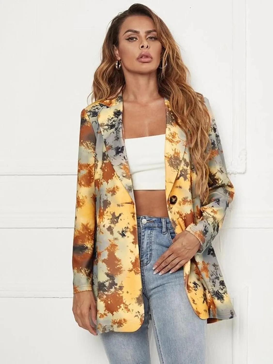Women's Graphic Printed Blazer Button Open Front Colorful Long Sleeve Notch Lapel Pop Art Jacket Multicolored