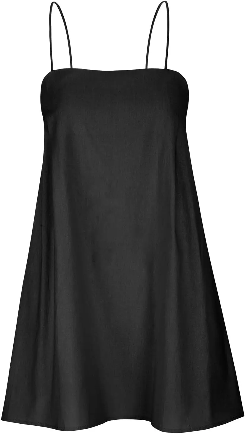Womens Linen Spaghetti Strap Sleeveless Summer Mini Dresses Cute A-Line Back Zip Short Cami Dress Beach Party Sundress