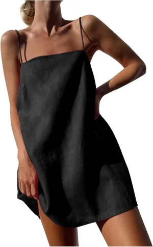 Womens Linen Spaghetti Strap Sleeveless Summer Mini Dresses Cute A-Line Back Zip Short Cami Dress Beach Party Sundress