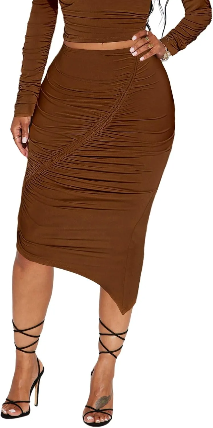 Women??s Sexy Ruched Bodycon Midi Skirts High Waist Party Club Long Pencil Skirt