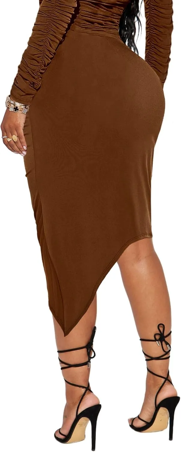 Women??s Sexy Ruched Bodycon Midi Skirts High Waist Party Club Long Pencil Skirt