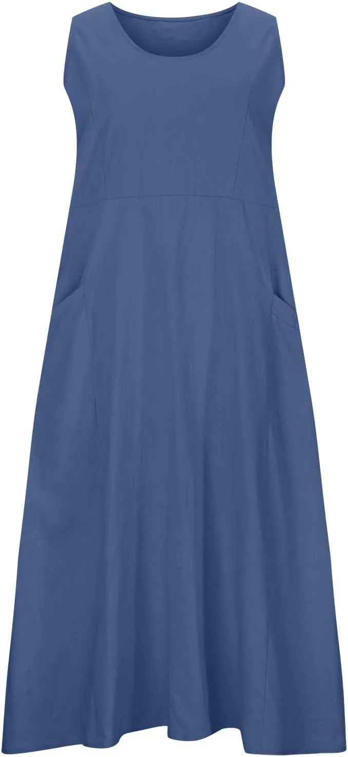 Women's Summer Cotton Linen Long Dress Sleeveless Elegant Flowy Dresses Plus Size Loose Comfy Dress with Pockets