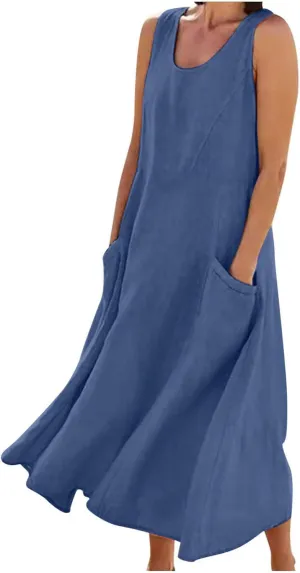 Women's Summer Cotton Linen Long Dress Sleeveless Elegant Flowy Dresses Plus Size Loose Comfy Dress with Pockets