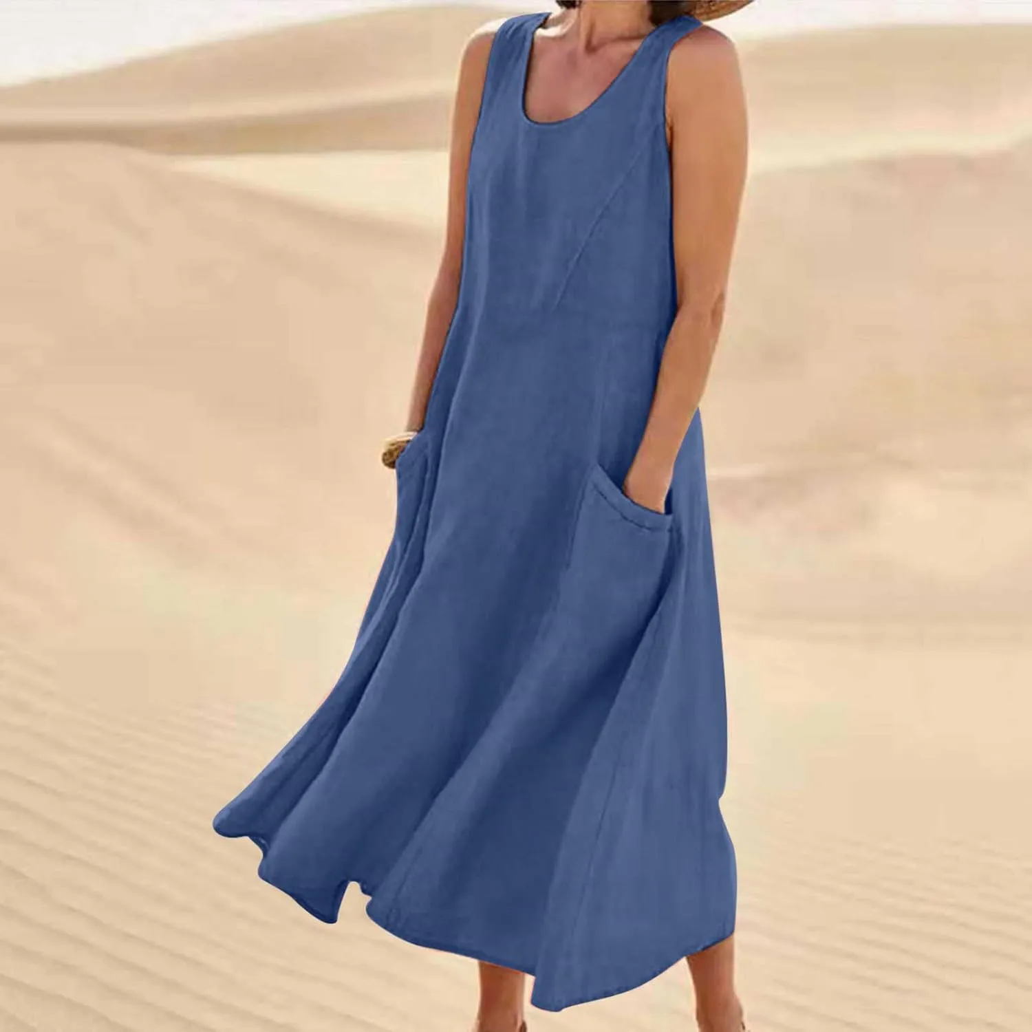 Women's Summer Cotton Linen Long Dress Sleeveless Elegant Flowy Dresses Plus Size Loose Comfy Dress with Pockets