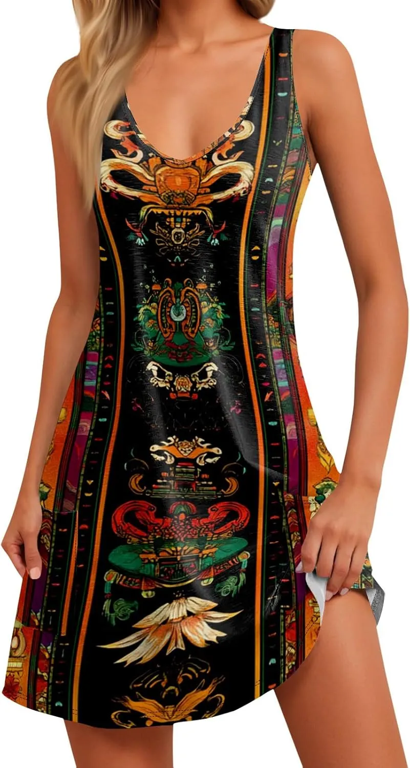 Women's Summer Dresses Sleeveless Vacation Dress with Pocket Casual 2025 Sundress Beach Printed Swimsuit Coverup