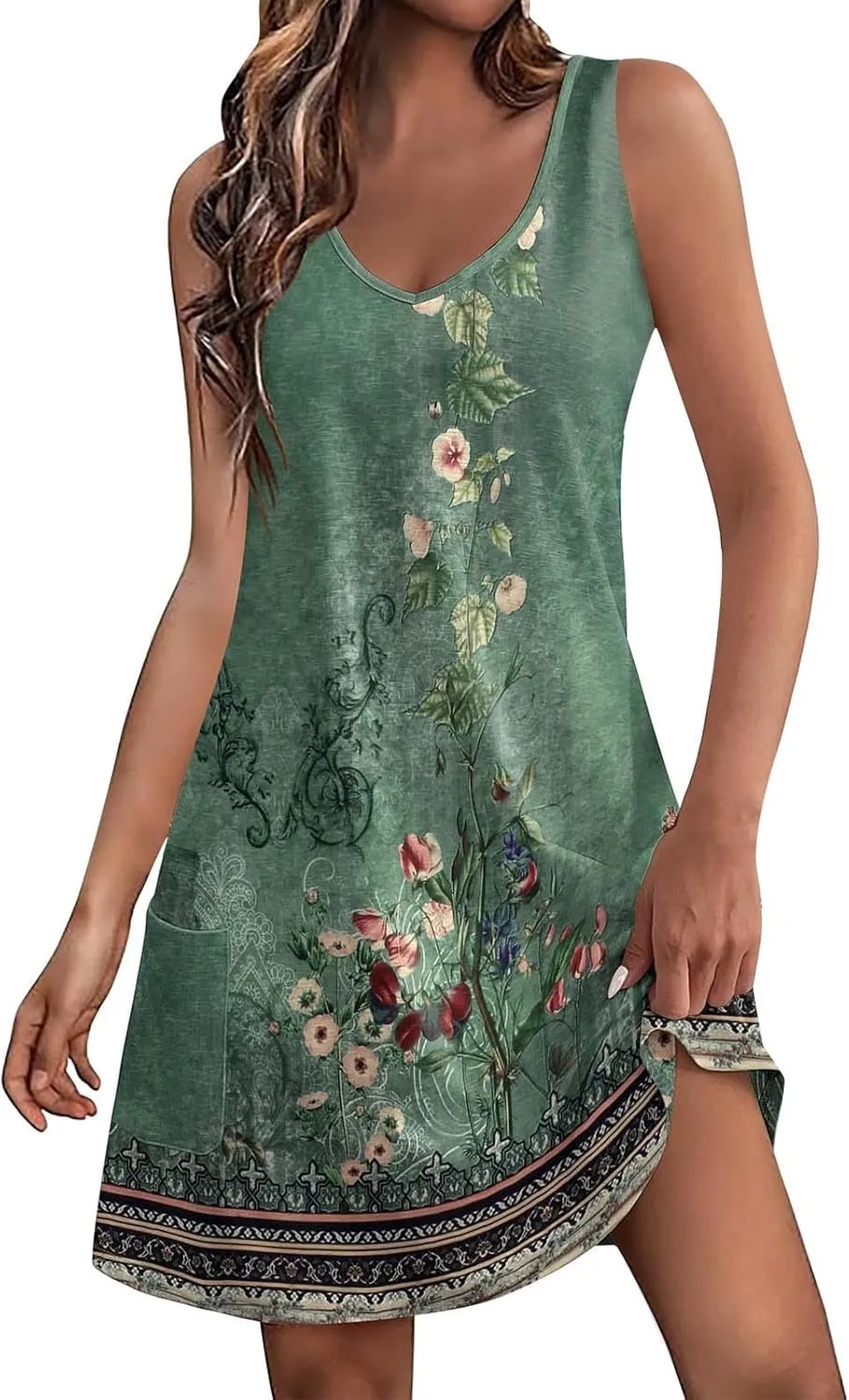 Women's Summer Tank Dresses with Pockets Trendy Boho Beach Dress Elegant Sleeveless V Neck Mini Sundress