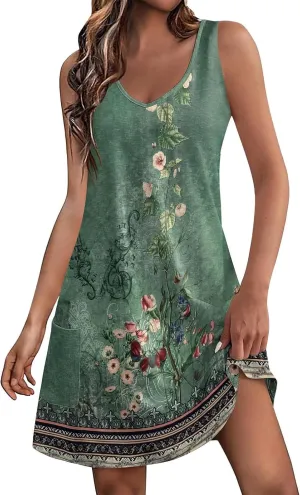 Women's Summer Tank Dresses with Pockets Trendy Boho Beach Dress Elegant Sleeveless V Neck Mini Sundress