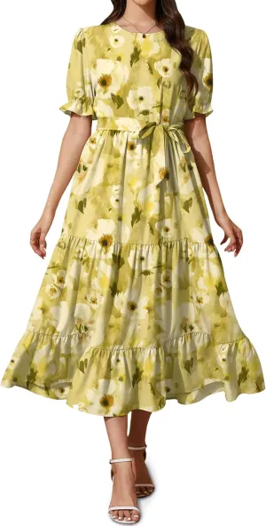 Women's Tiered Midi Dress with Tie Waist Flowy Summer Casual Short Sleeve Boho Swing Dress with Pocket