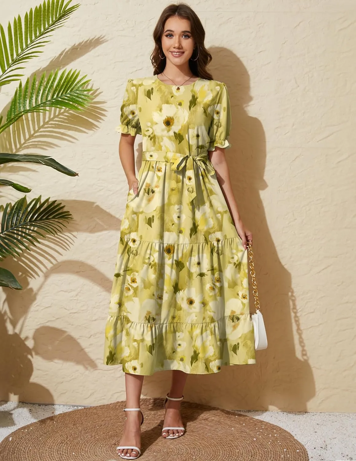 Women's Tiered Midi Dress with Tie Waist Flowy Summer Casual Short Sleeve Boho Swing Dress with Pocket