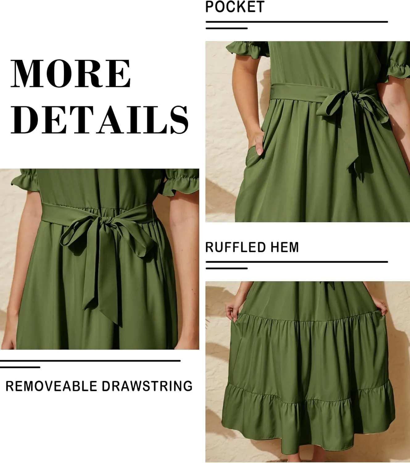 Women's Tiered Midi Dress with Tie Waist Flowy Summer Casual Short Sleeve Boho Swing Dress with Pocket