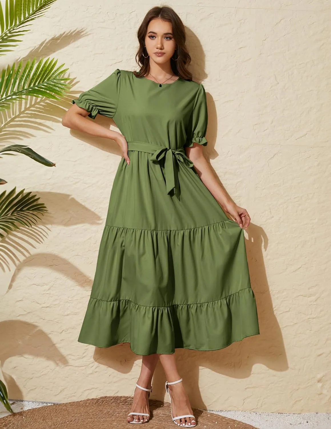 Women's Tiered Midi Dress with Tie Waist Flowy Summer Casual Short Sleeve Boho Swing Dress with Pocket