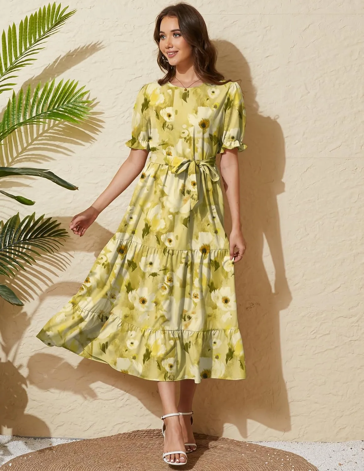 Women's Tiered Midi Dress with Tie Waist Flowy Summer Casual Short Sleeve Boho Swing Dress with Pocket