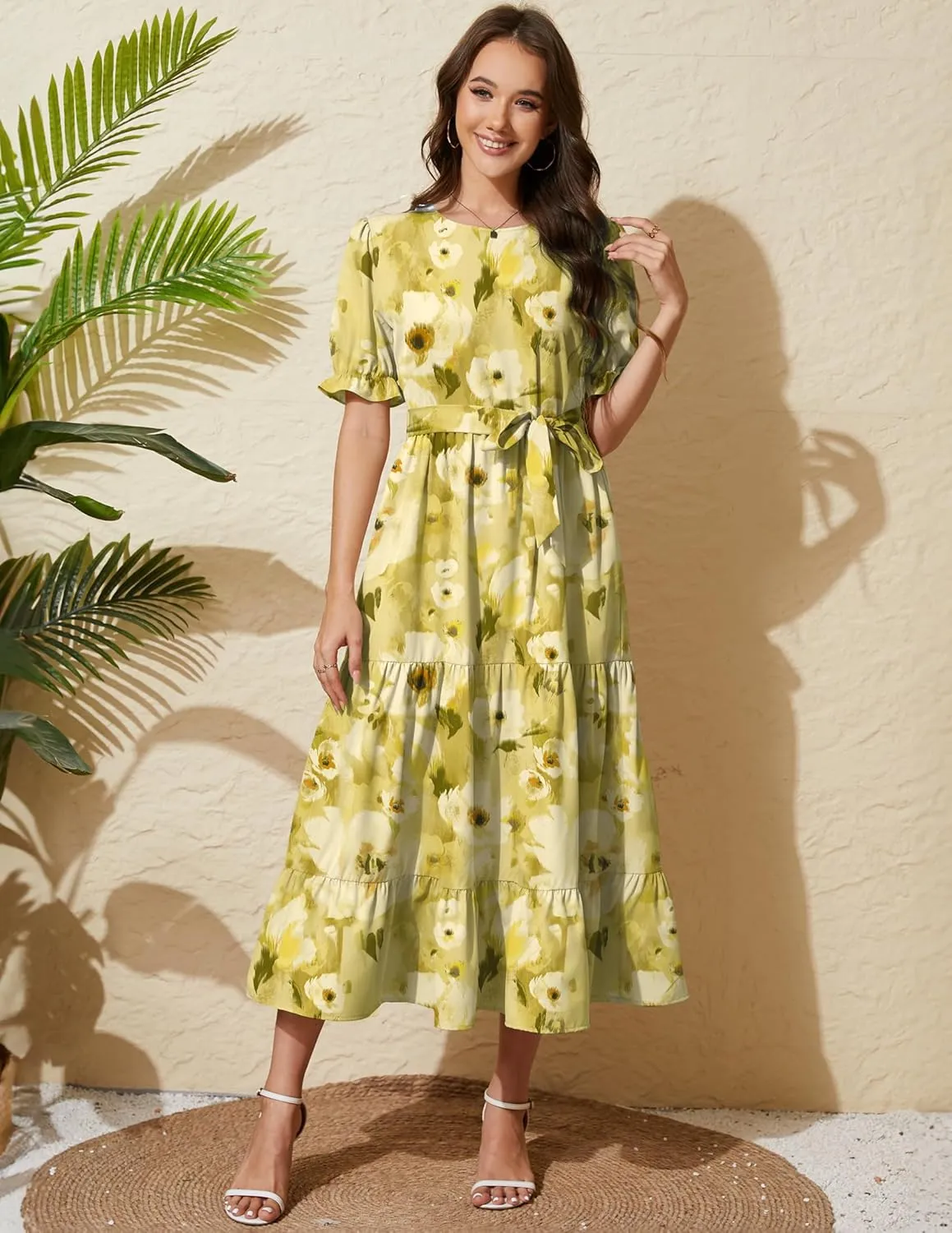 Women's Tiered Midi Dress with Tie Waist Flowy Summer Casual Short Sleeve Boho Swing Dress with Pocket