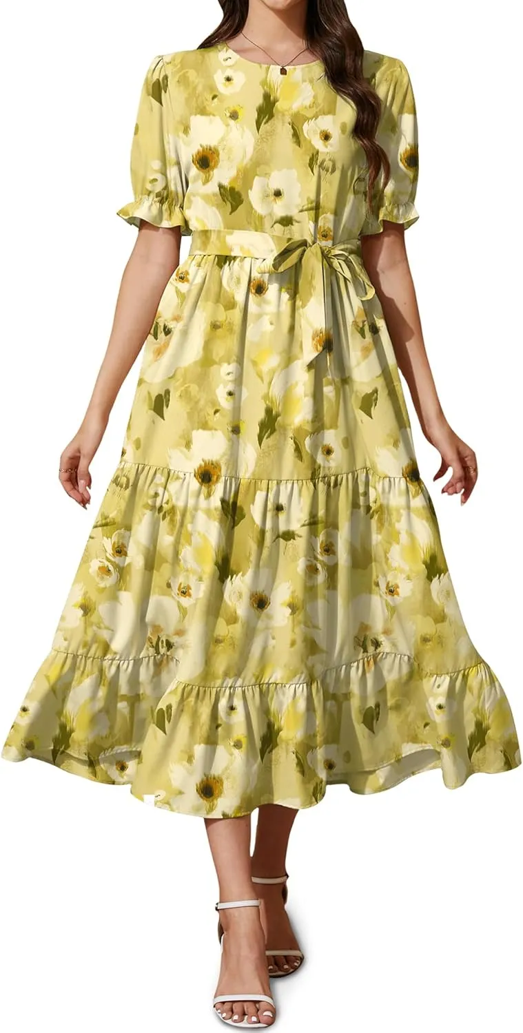 Women's Tiered Midi Dress with Tie Waist Flowy Summer Casual Short Sleeve Boho Swing Dress with Pocket