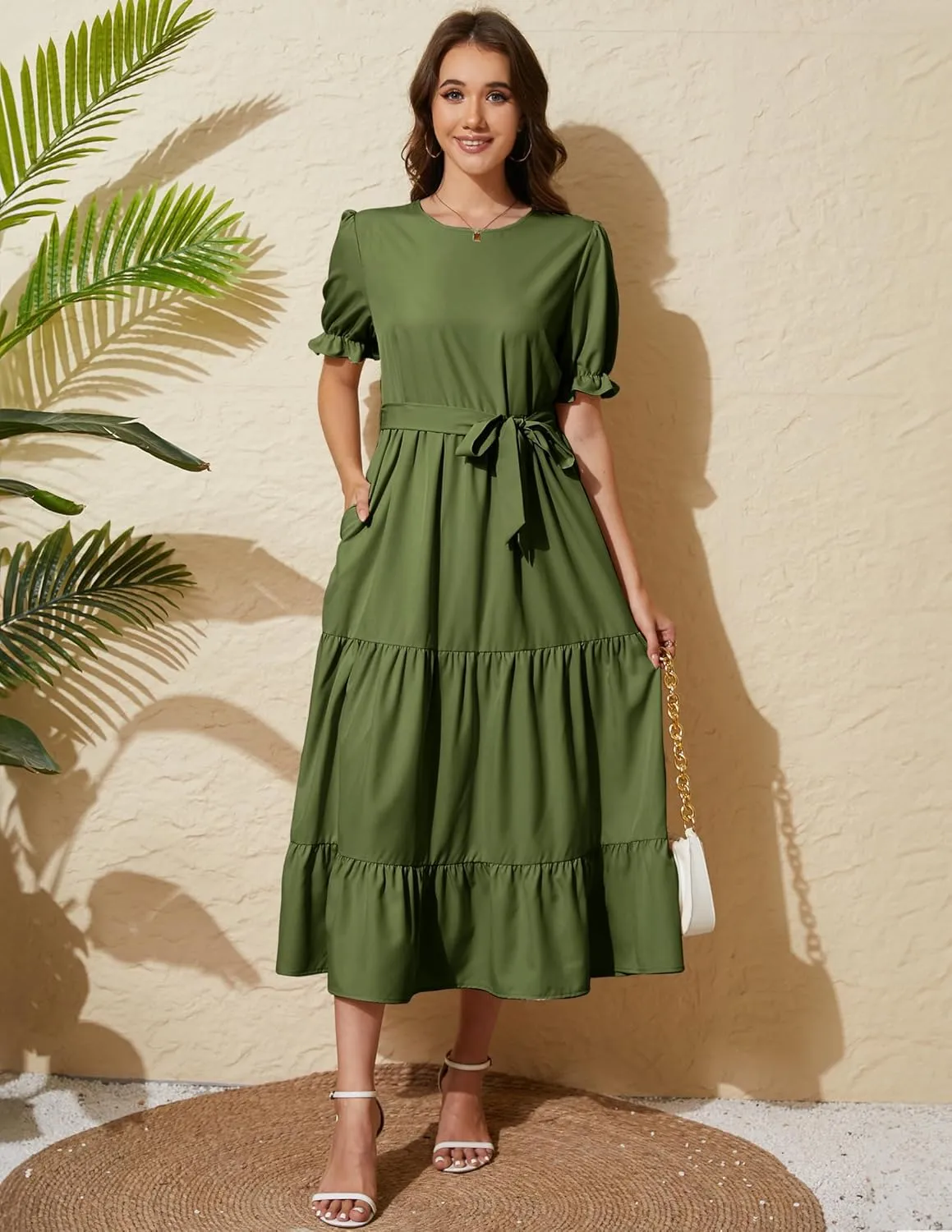 Women's Tiered Midi Dress with Tie Waist Flowy Summer Casual Short Sleeve Boho Swing Dress with Pocket