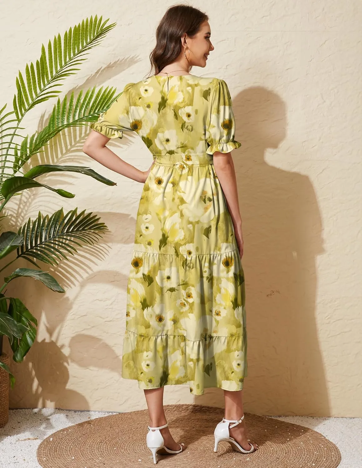Women's Tiered Midi Dress with Tie Waist Flowy Summer Casual Short Sleeve Boho Swing Dress with Pocket
