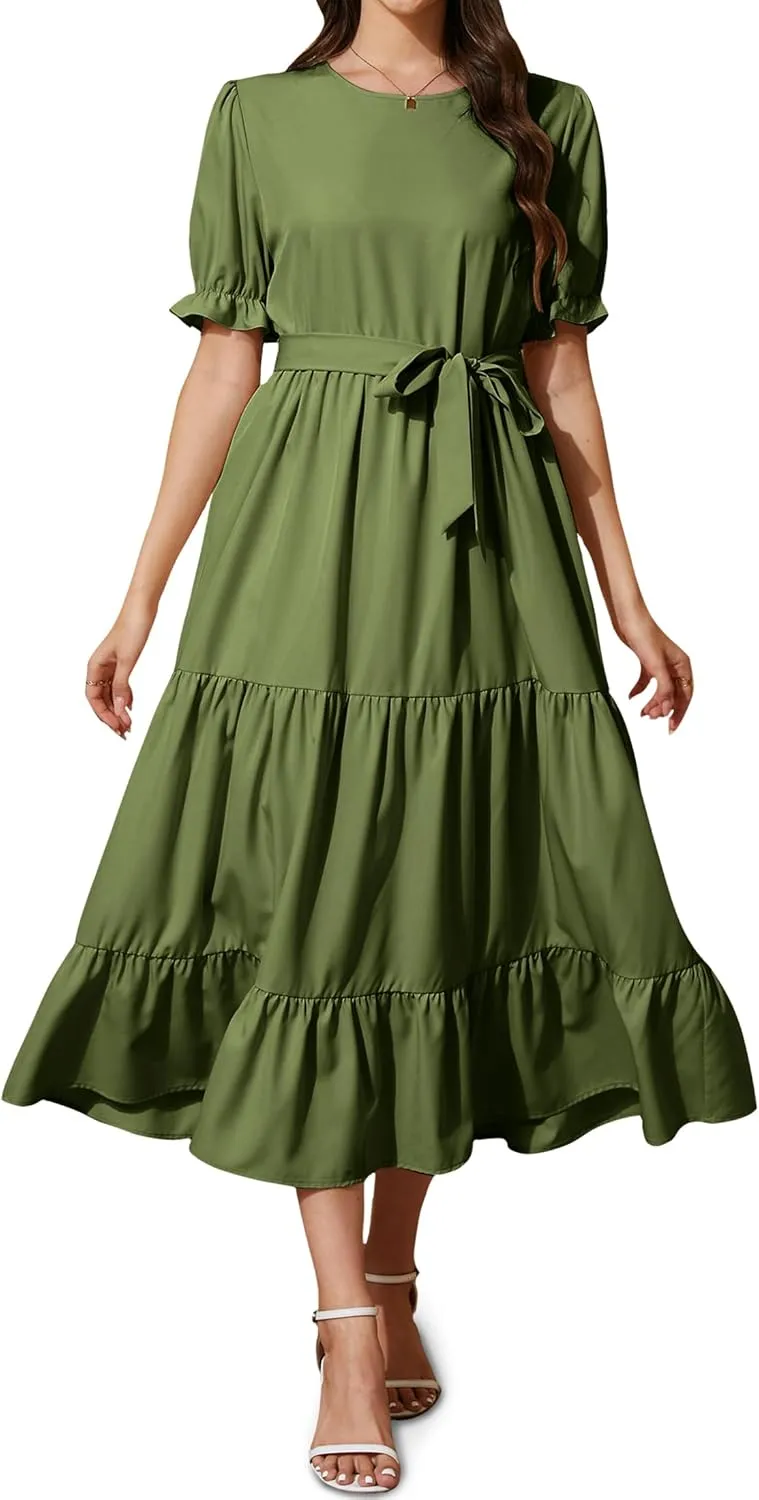 Women's Tiered Midi Dress with Tie Waist Flowy Summer Casual Short Sleeve Boho Swing Dress with Pocket
