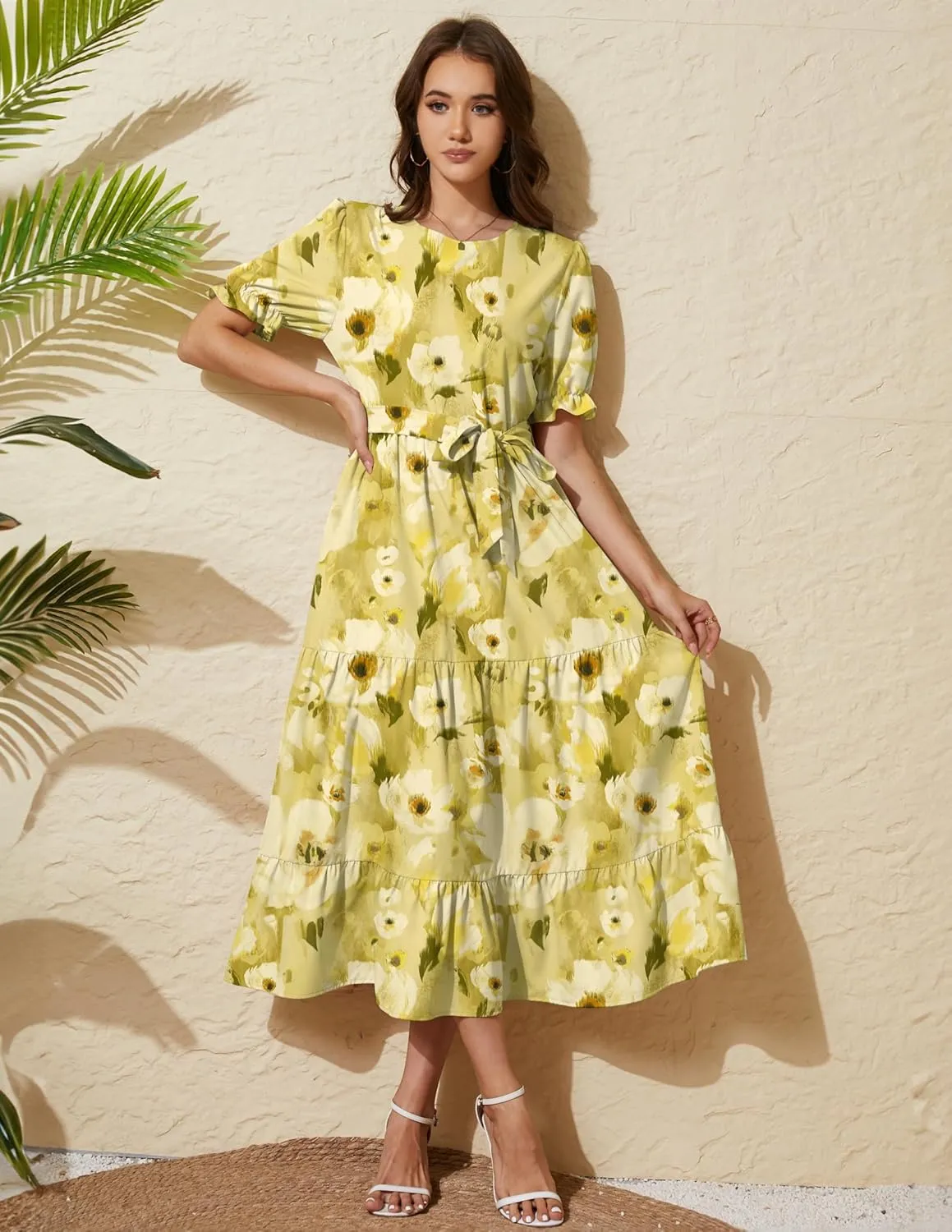 Women's Tiered Midi Dress with Tie Waist Flowy Summer Casual Short Sleeve Boho Swing Dress with Pocket