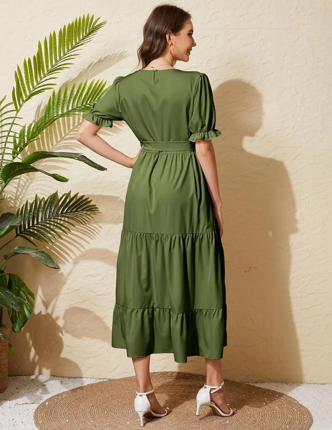 Women's Tiered Midi Dress with Tie Waist Flowy Summer Casual Short Sleeve Boho Swing Dress with Pocket