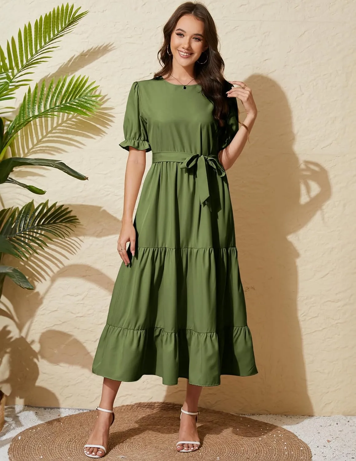Women's Tiered Midi Dress with Tie Waist Flowy Summer Casual Short Sleeve Boho Swing Dress with Pocket