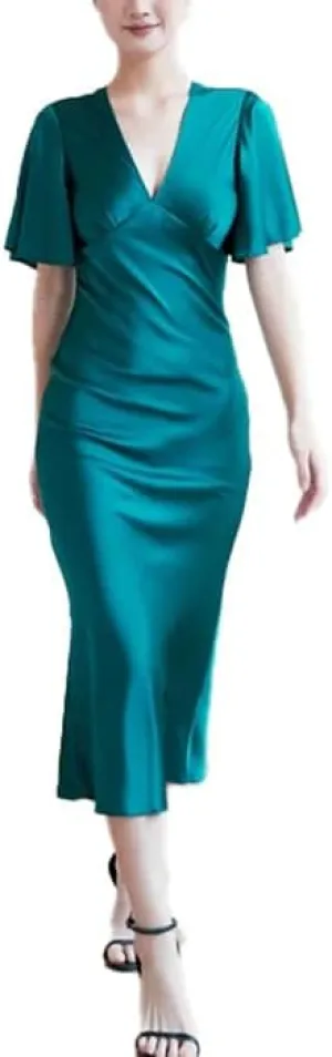 Womens V Neck Silk Slip Dress 100 Percent Mulberry Silk Satin Midi Dress with Flutter Sleeves Elegant Summer Evening Outfit