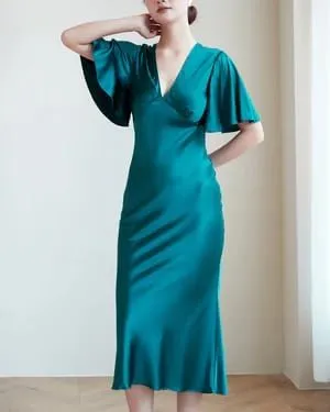 Womens V Neck Silk Slip Dress 100 Percent Mulberry Silk Satin Midi Dress with Flutter Sleeves Elegant Summer Evening Outfit