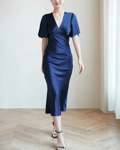 Womens V Neck Silk Slip Dress 100 Percent Mulberry Silk Satin Midi Dress with Flutter Sleeves Elegant Summer Evening Outfit