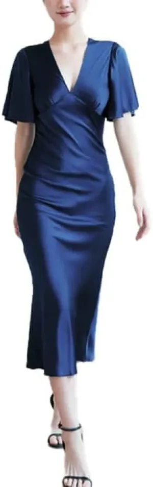 Womens V Neck Silk Slip Dress 100 Percent Mulberry Silk Satin Midi Dress with Flutter Sleeves Elegant Summer Evening Outfit