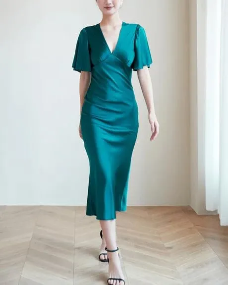 Womens V Neck Silk Slip Dress 100 Percent Mulberry Silk Satin Midi Dress with Flutter Sleeves Elegant Summer Evening Outfit