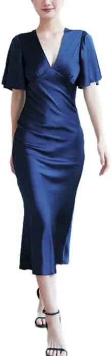 Womens V Neck Silk Slip Dress 100 Percent Mulberry Silk Satin Midi Dress with Flutter Sleeves Elegant Summer Evening Outfit