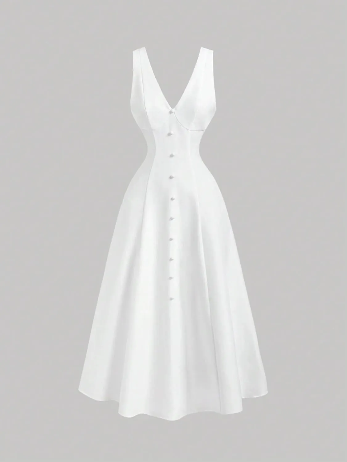 Womens White Sleeveless Waist Cinching Tank Midi Dress Spring/Summer V-neck Dresses For Women