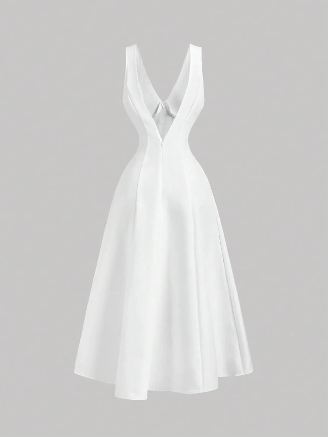 Womens White Sleeveless Waist Cinching Tank Midi Dress Spring/Summer V-neck Dresses For Women