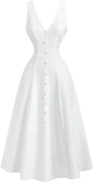 Womens White Sleeveless Waist Cinching Tank Midi Dress Spring/Summer V-neck Dresses For Women