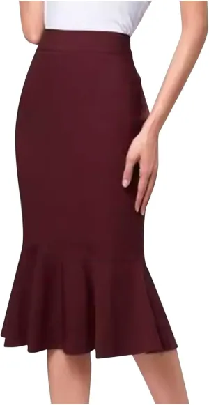 XUNRYAN Womens Business Work Office Fishtail Pencil Skirt High Waist Below Knee Length Ruffle Midi Skirts Formal Outfit
