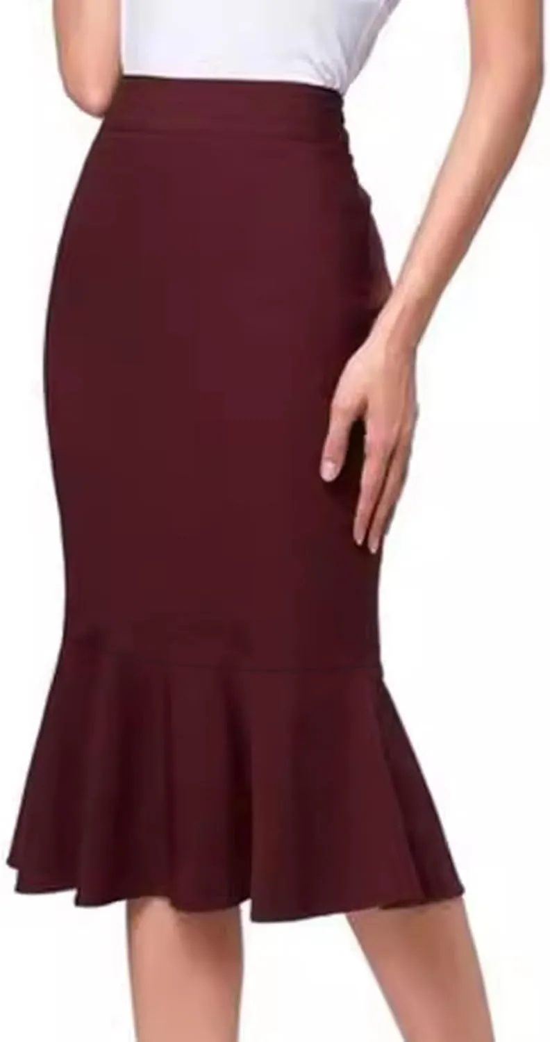 XUNRYAN Womens Business Work Office Fishtail Pencil Skirt High Waist Below Knee Length Ruffle Midi Skirts Formal Outfit