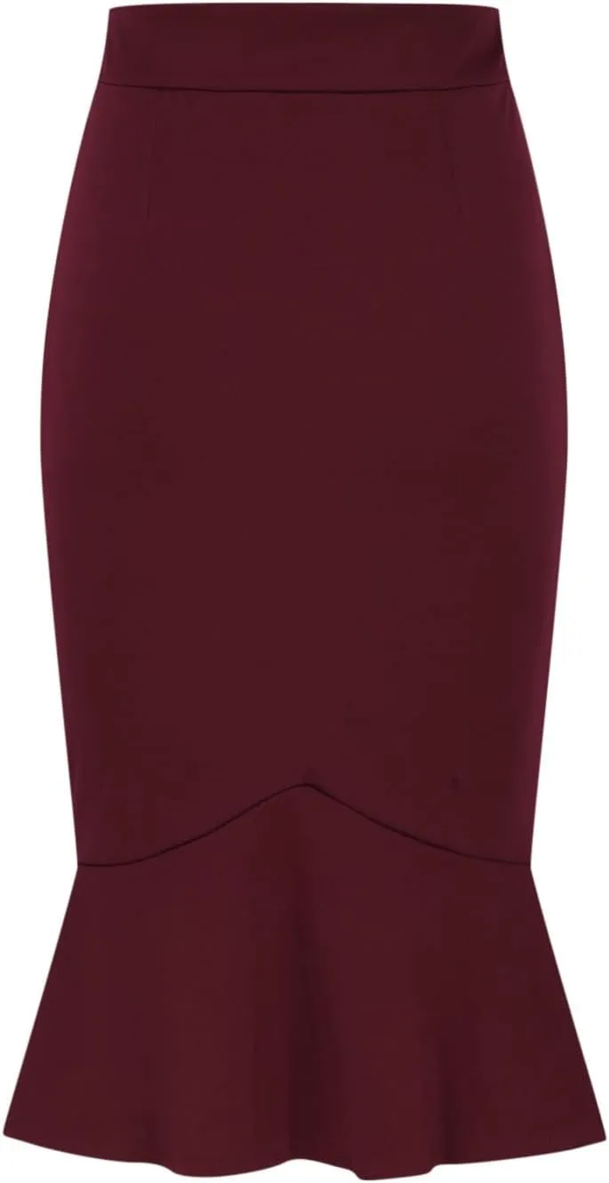 XUNRYAN Womens Business Work Office Fishtail Pencil Skirt High Waist Below Knee Length Ruffle Midi Skirts Formal Outfit