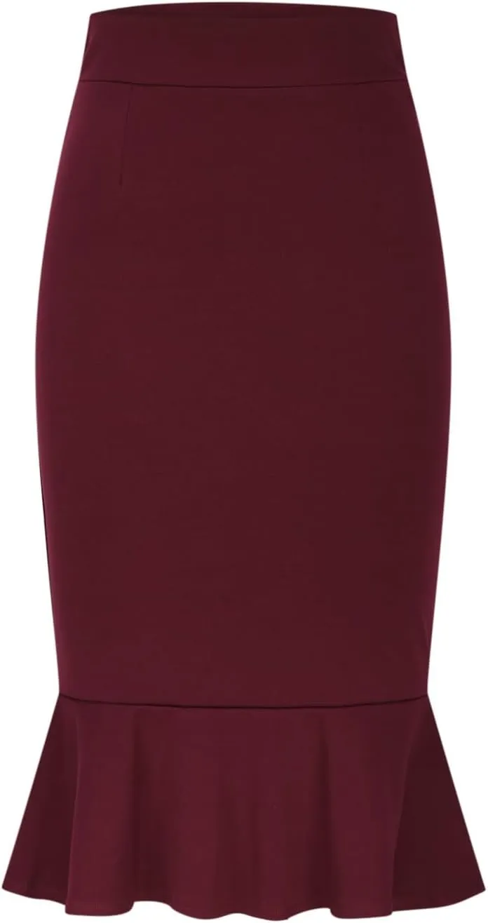 XUNRYAN Womens Business Work Office Fishtail Pencil Skirt High Waist Below Knee Length Ruffle Midi Skirts Formal Outfit